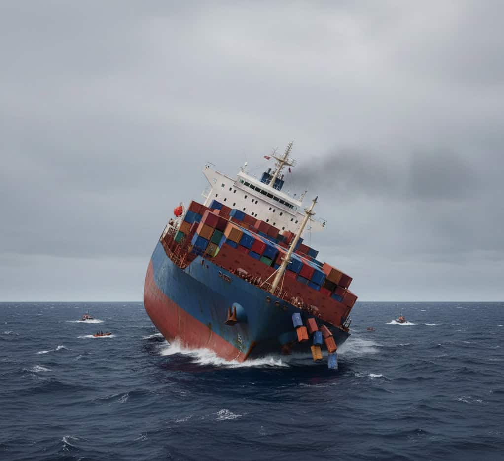 Cargo ship tilting severely in open sea with containers falling overboard, emergency response underway, maritime crisis.